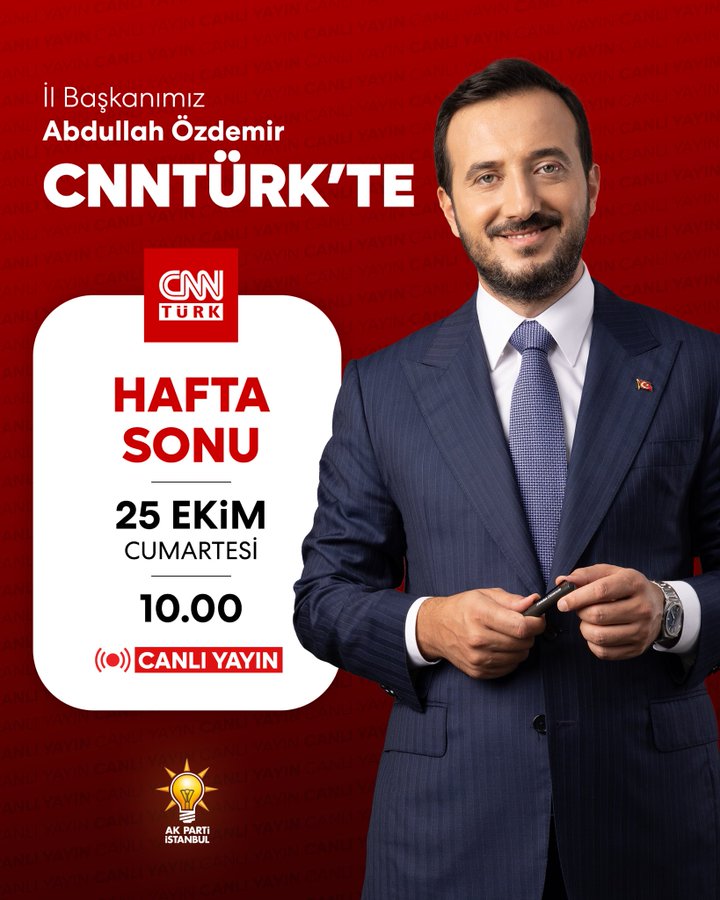 İl Başkanımız  @abdullahozdemir , 25 Ekim Cumartesi saat 10.00'da  @cnnturk 'te  @hakanchelik 'in sunduğu Hafta Sonu programının konuğu olacak