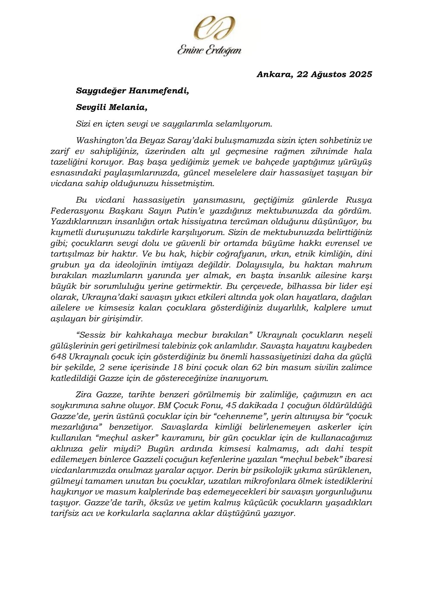 Sayın Emine Erdoğan Hanımefendi, ABD Başkanı’nın Eşi Melania gazze için mektubu