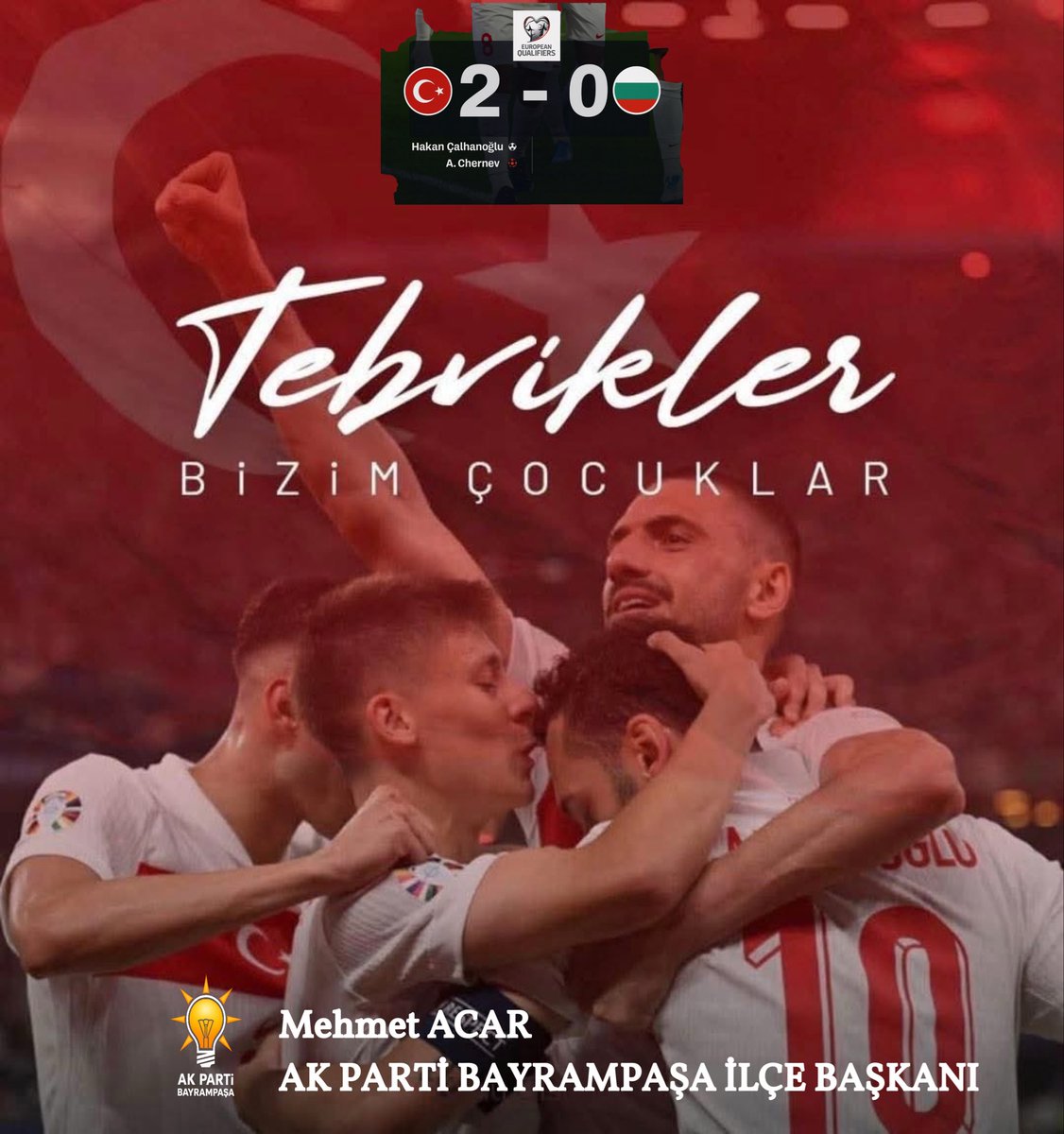 Helal olsun Bizim Çocuklar!  Dünya Kupası Elemeleri’nde Bulgaristan karşısında 2-0’lık galibiyetle Play-Off turuna yükselen A Milli Futbol Takımımızı yürekten tebrik ediyorum. Milletimize büyük gurur yaşattınız