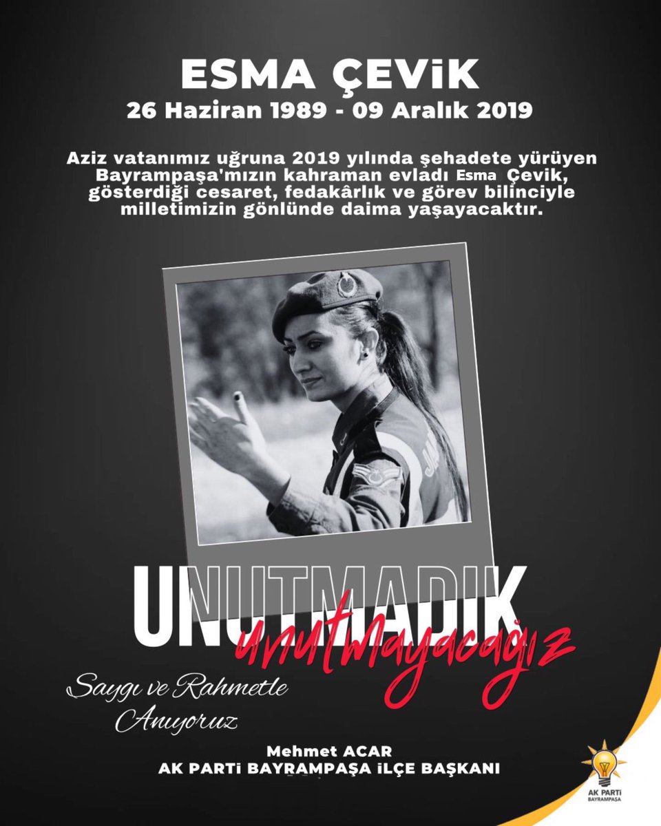 Şehit Jandarma Astsubay Üstçavuş Esma Çevik’i şehadetinin yıl dönümünde rahmet, minnet ve saygıyla anıyoruz.